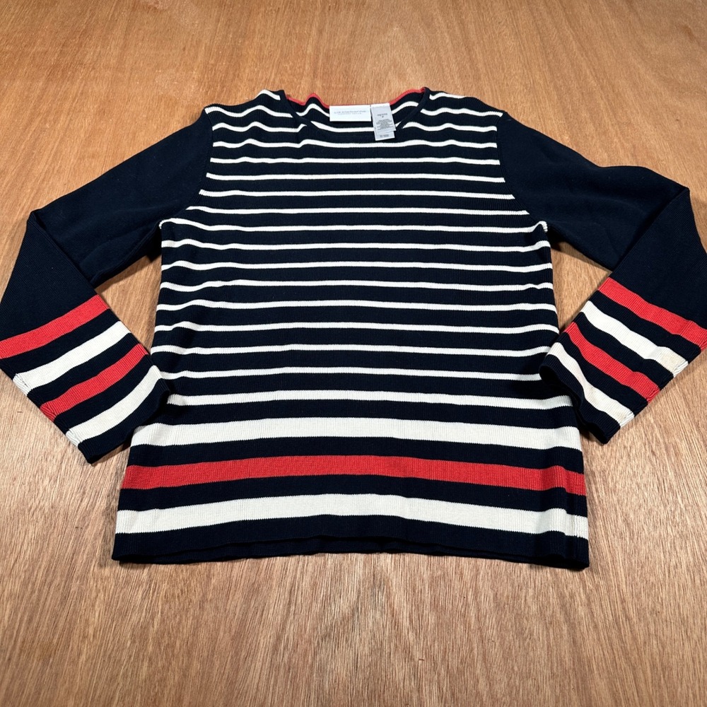 Liz Claiborne Sport Petite Small Striped Knit Sweater Black White Red Preppy